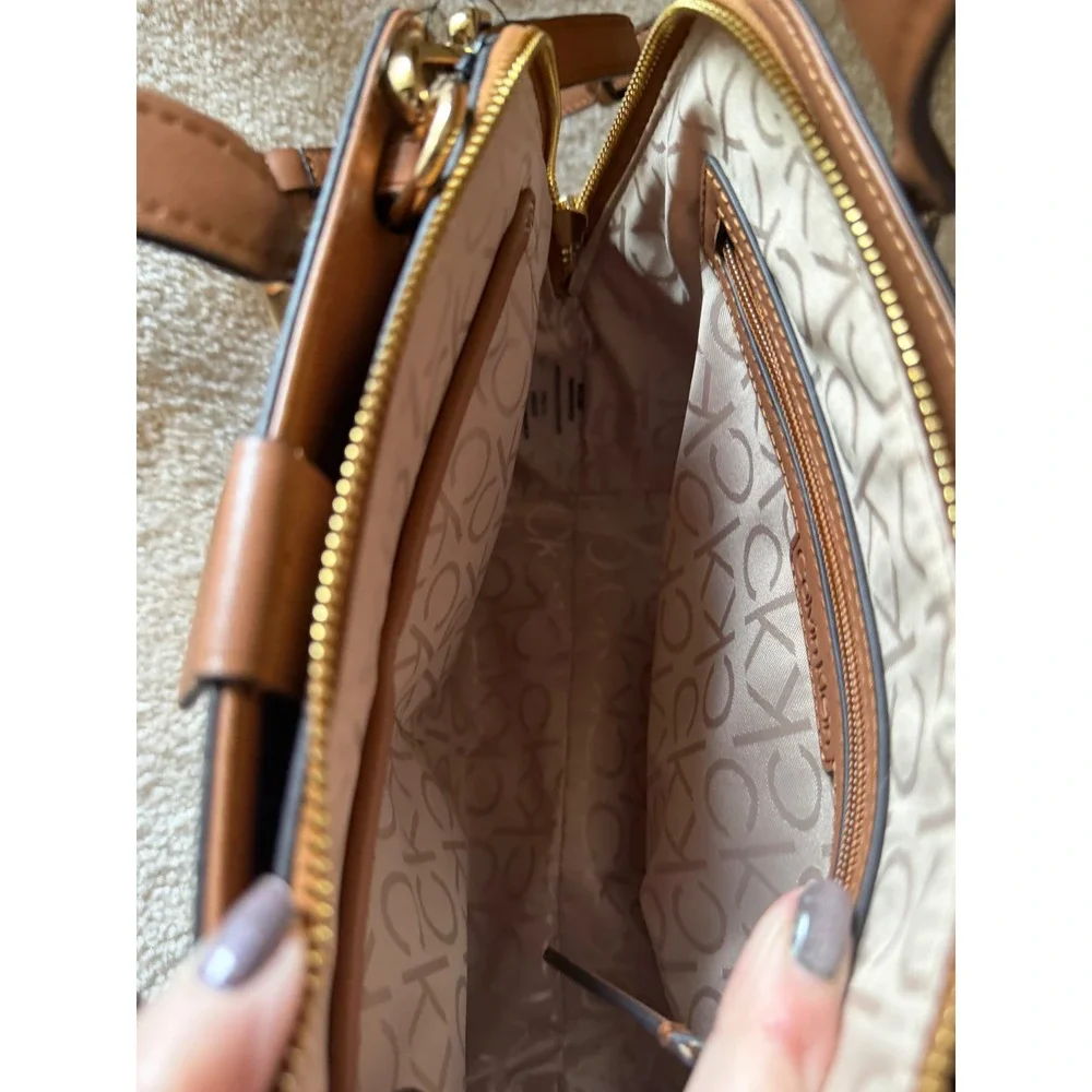 Calvin Klein Monogram Satchel Brown Cognac Logo Dome Crossbody Bag